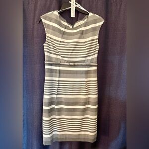Dana Buchman Gray & white Striped dress with metallic gray skinny belt, size 4/6